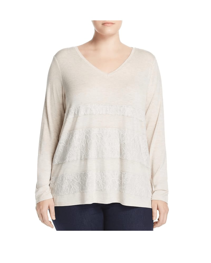 Front of a model wearing a size 1X One A Women's Plus Lace Overlay V Neck Casual Top Brown Size 1X in Brown by One A. | dia_product_style_image_id:311485